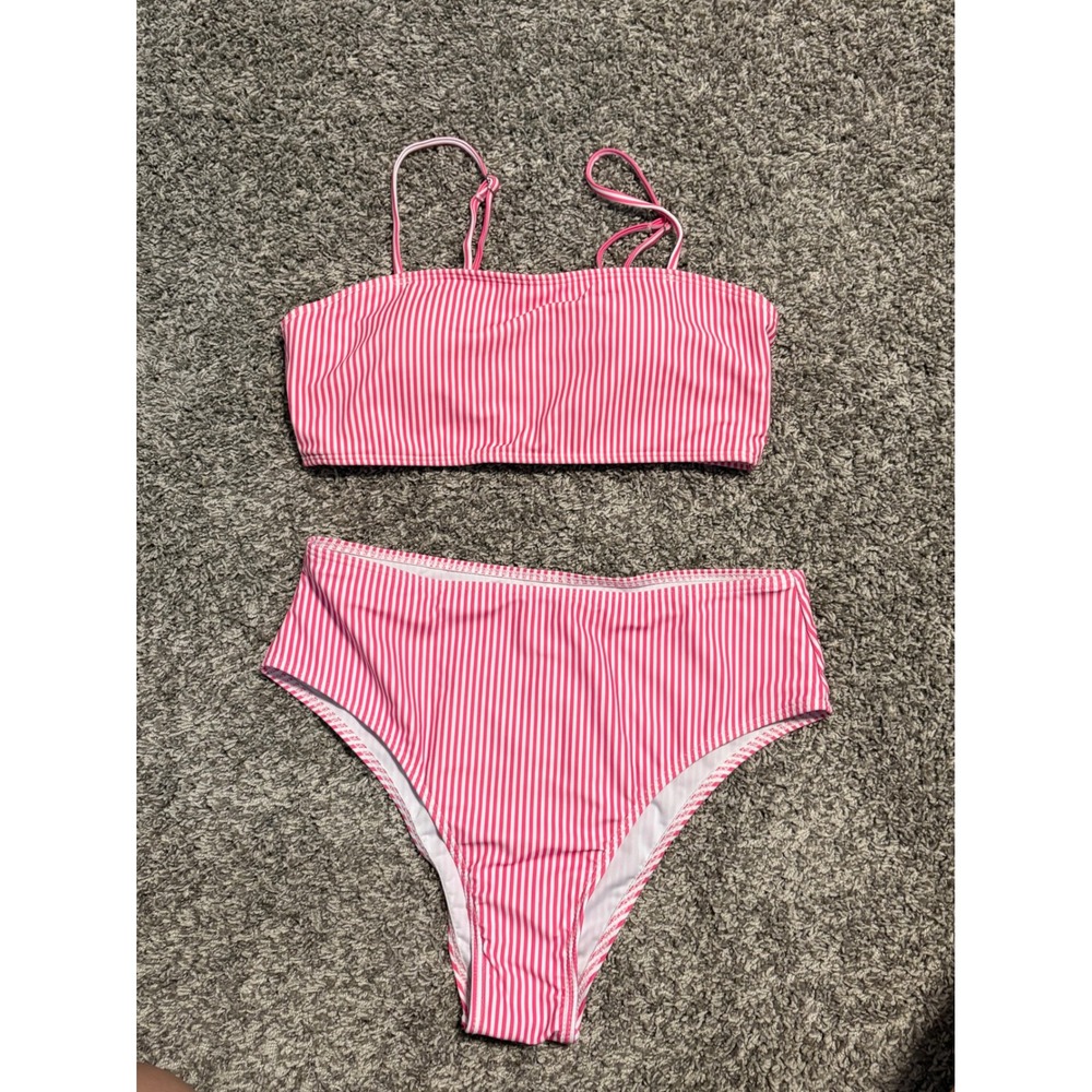 Shein New Pink White Striped Bikini Adjustable Straps Size S Two Piece